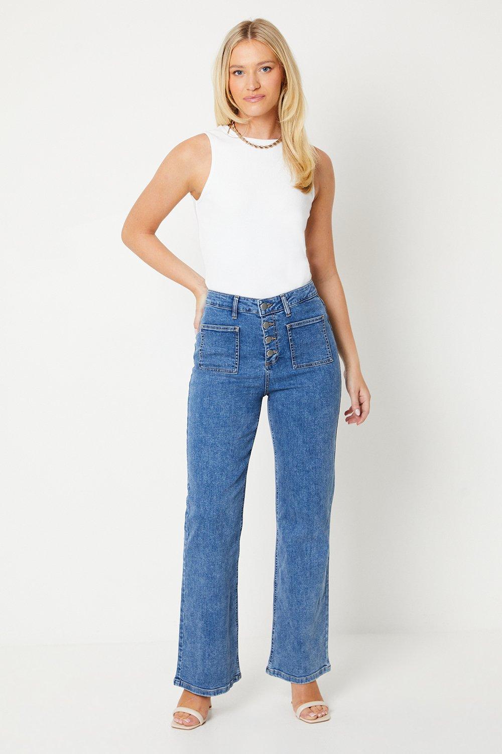 Womens High Rise Button Detail Patch Pocket Flare Jeans